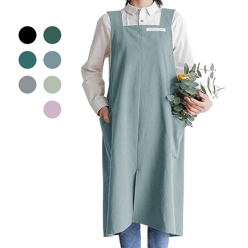 

No-ties Split Cotton Linen Kitchen Apron with Pockets for Women and Men Washable Cross Back Pinafore for Cooking Baking Cleaning