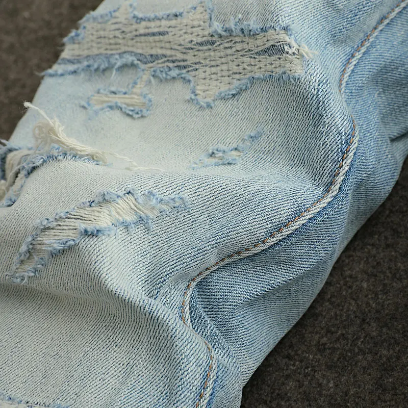 Street Fashion Men Jeans High Quality Retro Light Blue Stretch Slim Fit Ripped Jeans Patched Designer Vintage Denim Pants Hombre