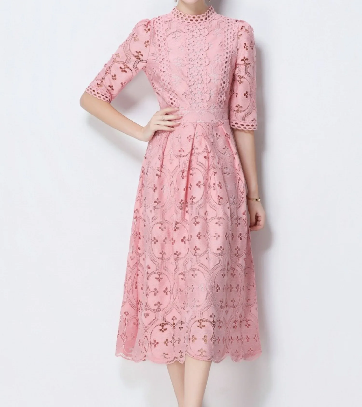 فستان وردي مجوف للنساء برقبة دائرية صيفي عالي الخصر أنيق فيستدوس ملابس خروج أنيقة عتيقة للسيدات