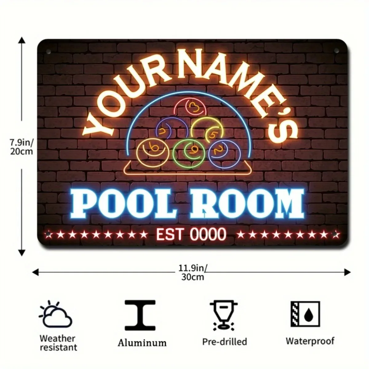 Custom Text 2D Flat Vintage Pool Room Aluminum Sign Neon Pattern Print Wall Decor Plaque