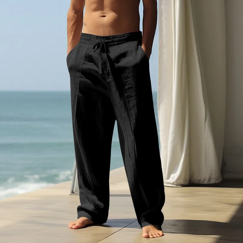 New Men's Cotton-Linen Straight Loose Pants, Spring and Summer Thin Solid Color Casual Drawstring Wide-Leg Beach Pants