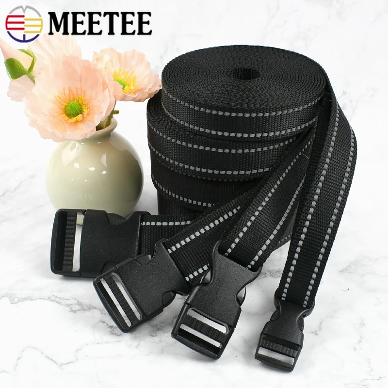 

5Set 15-25mm Reflective Webbing Strap+Plastic Release Buckle Pet Collar Safety Ribbon Backpack Bias Binding Band Crafts Supplies