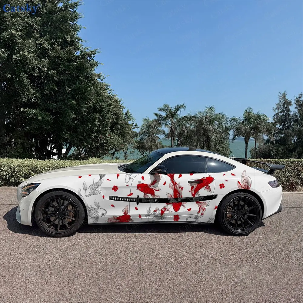 2pcs Katana & Koi Japanese Vibe, Durable, Fade-resistant, Enhance Vehicle Aesthetics With Bold Artistic Design Car Vinyl Wraps