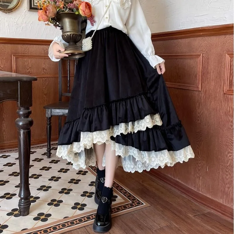 

French Elegant Vintage Black Beige Velvet Lace Splicing Women Long Skirts Autumn Winter Thickened Large Hem Ruffled Cake Skirt