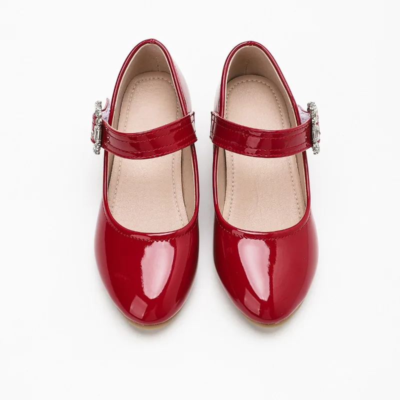 Kids Princess High Heel Shoes Chic Rhinestone Girls Catwalk Dress Leather Shoes Non-slip Perform Children's Party Shoes Red