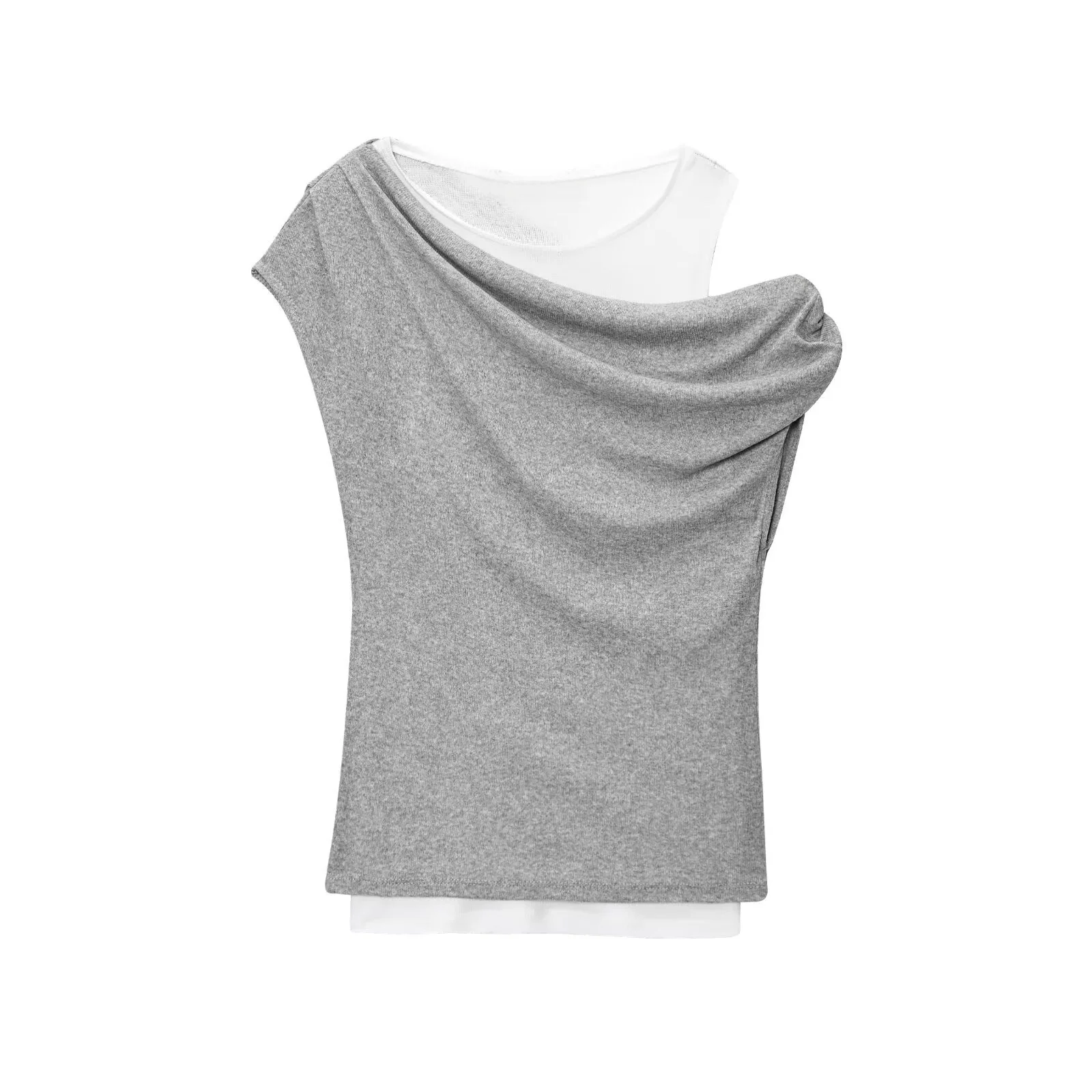 2025, neue Sommer-Damen-Casual-Mode, doppellagiges, asymmetrisches Design, Kontrastfarbe, Rundhalsausschnitt, ärmelloses T-Shirt