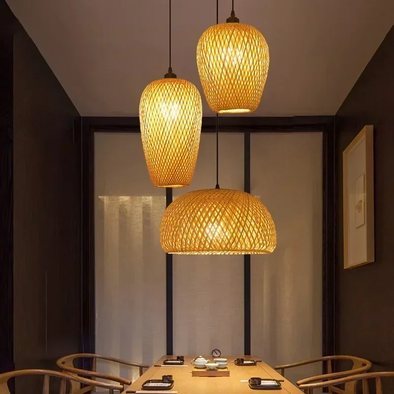 【3PCS】Bamboo Lampshade Led Pendant Lamp Natural Rattan Wicker Ceiling Chandeliers Hand Woven E27 Lighting Fixtures Hanging Light