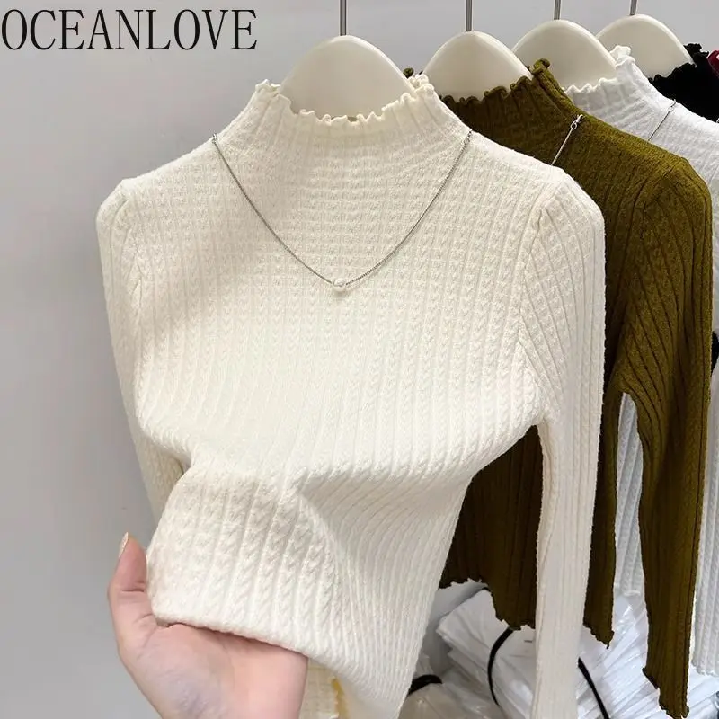 

OCEANLOVE осенне-зимняя одежда, женские свитера, однотонные базовые пуловеры с полувысоким воротником, корейская мода, тонкие простые Sueter Mujer