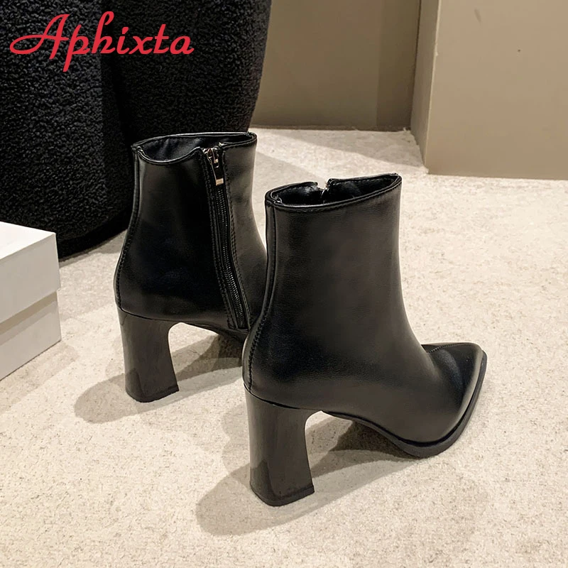 Aphixta Black Winter Zipper Warm Plush Ankle Boots Women 8.5cm Square Heel Zip Lady Footwear Shoes Super Big Size 44 45 46