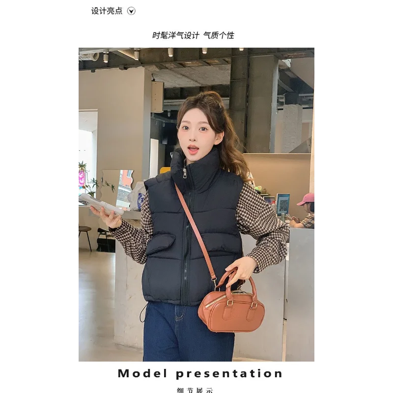 المرأة الجديدة 2025 الخريف والشتاء سترة الموضة أسفل القطن الوقوف طوق بلون سترة دون أكمام سترة