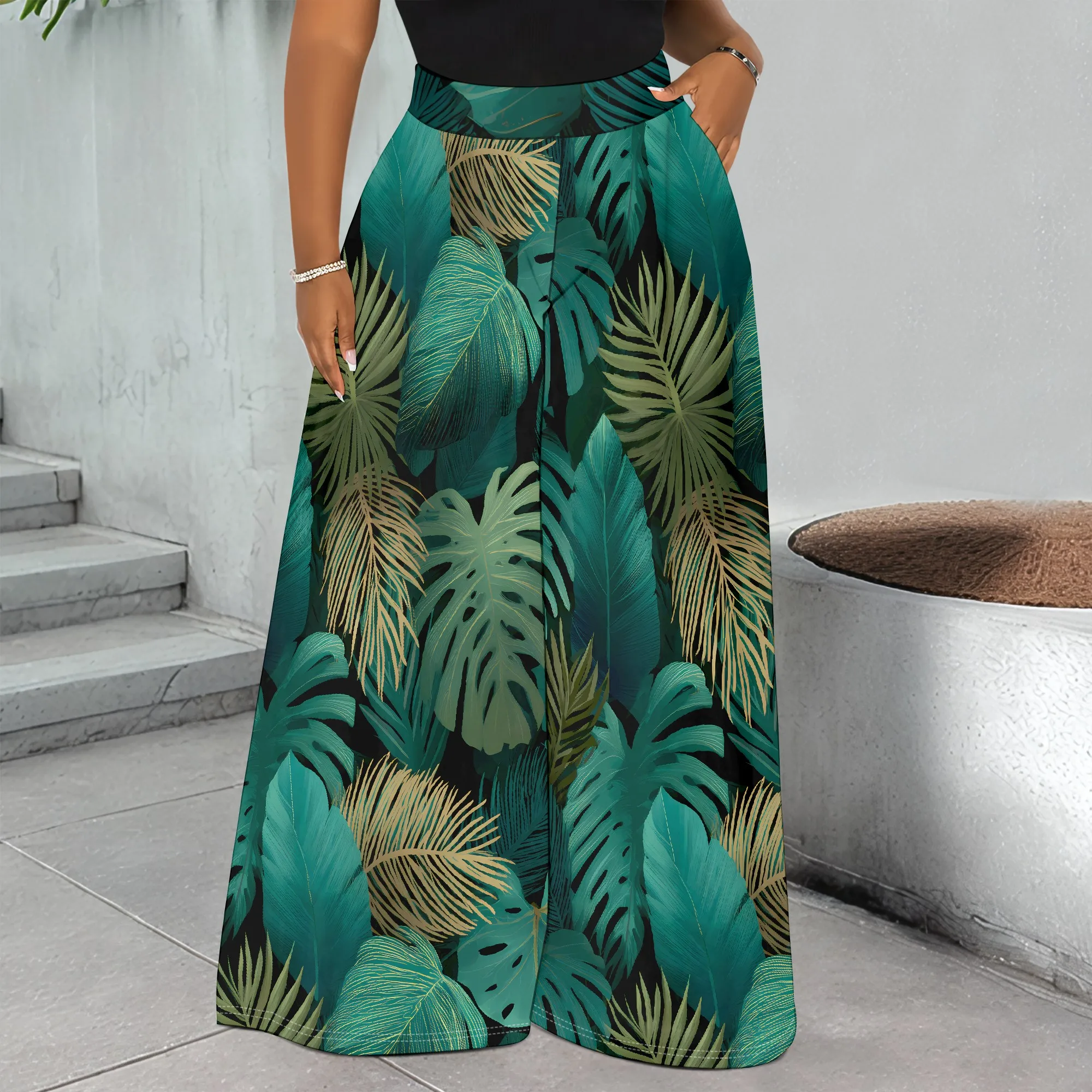 

Tropical Print Wide Leg Pants, Summer Leaf Pattern Trousers, High Waist Pocket Palazzo, Women Beach Casual Wear S-3XL