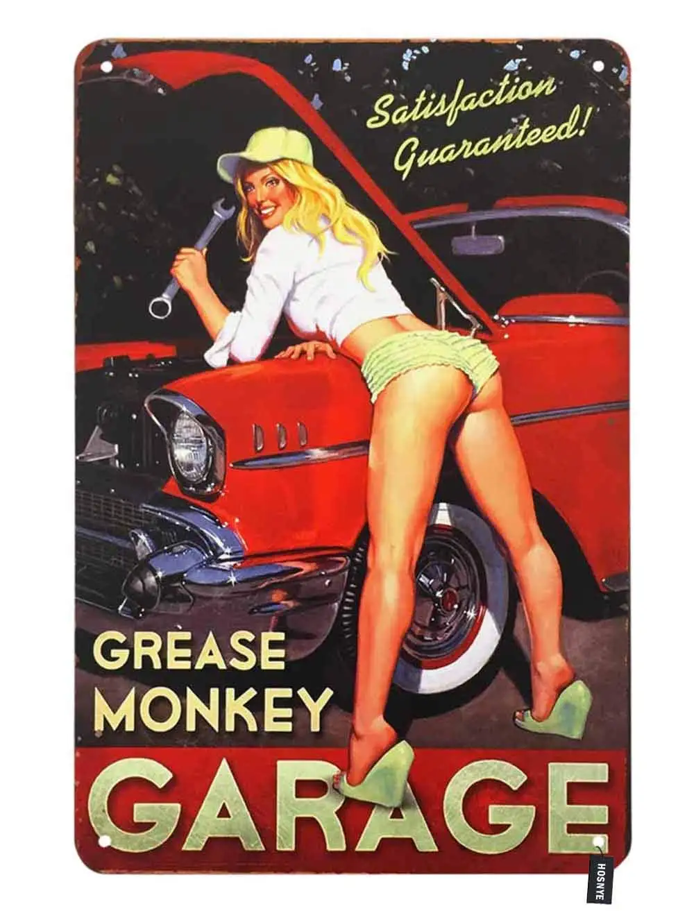 HOSNYE Garage Pin Up Girl Tin Sign Vintage Car with Sexy Ass Woman Repair Red Car Vintage Metal Tin Signs for Men Women Wall Art