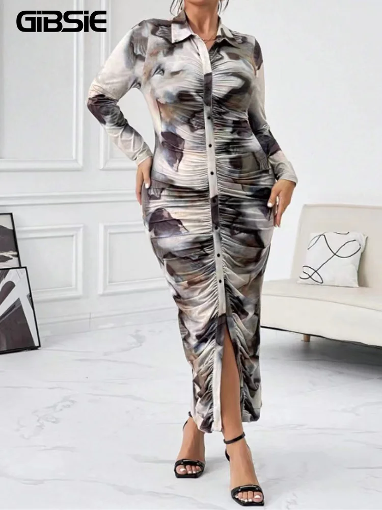 

GIBSIE Plus Size Tie Dye Print Ruched Bodycon Maxi Dress Women Autumn New Fashion Long Sleeve Street Party Slit Long Dress