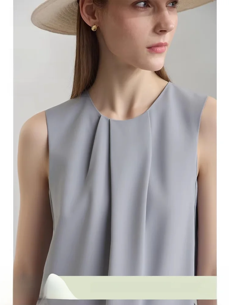 

Ele Commuter Sle round Ne Svel Asymmetrical Pleated Chiffon Top Women Cool Feeling Summer New Arrival