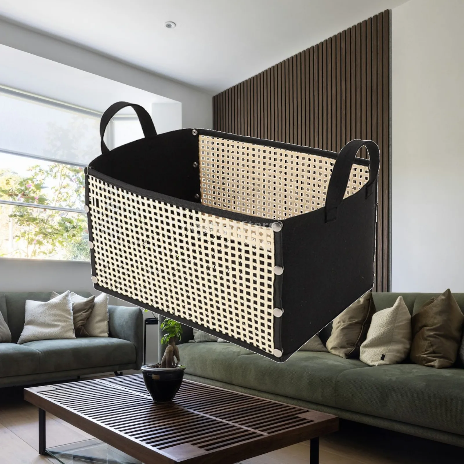 Multi Use Foldable Storage Basket for Laundry Clothes and Household Items with Natural Bamboo Trim