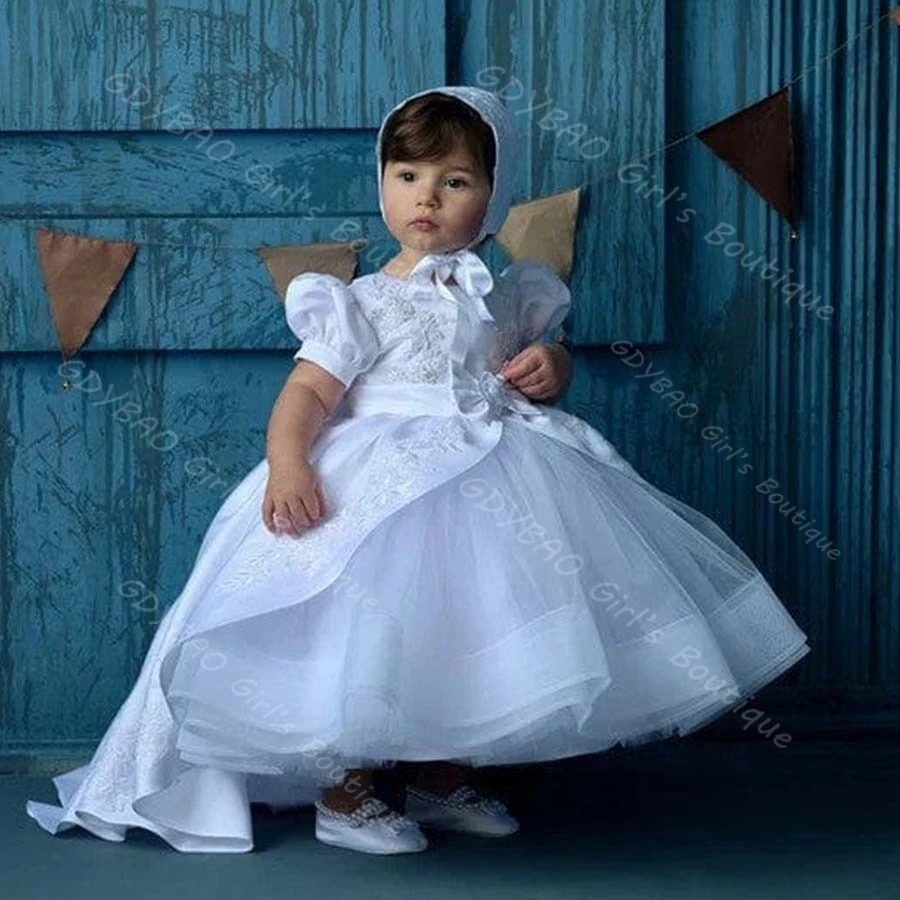 White Toddlers Christening Dress with Detachable Train Puff Sleeve Beaded Appliques First Communion Dress Flower Girls Ball Gown