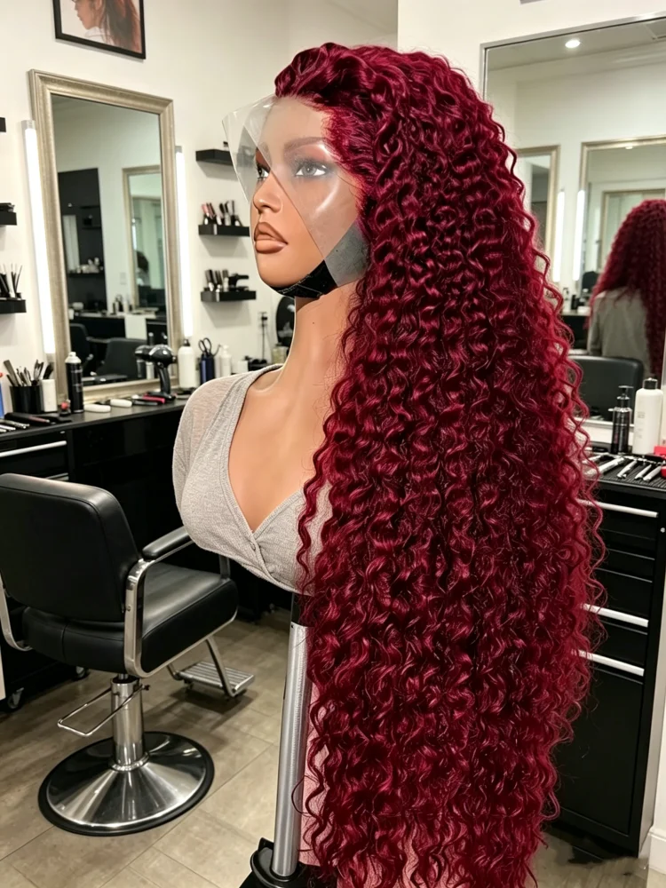 

250 Density 99J Burgundy 13x6 Lace Frontal Human Hair Wigs Brazilian Colored 30 Inch deep wave curly Lace Front Wigs Human Hair