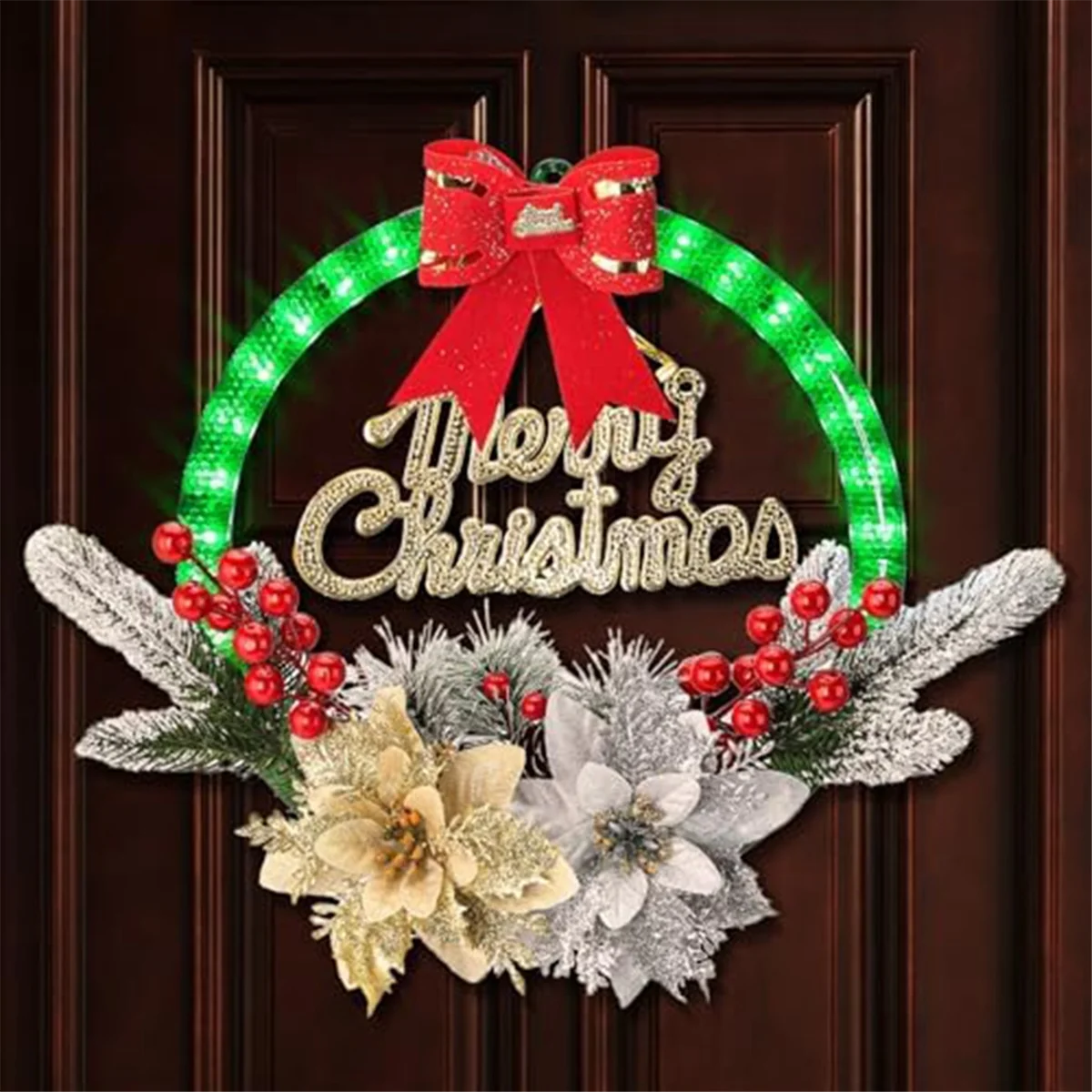 Christmas Wreaths for Front Door -Christmas Wreath with Lights, Flowers Picks, Green Pretty Garland Christmas Decor