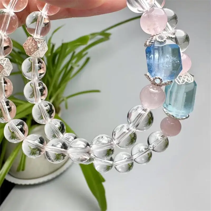 S925 Natural Aquamarine Clear Quartz Freeform Quartz Bead Bracelet Jewelry Stretch Bangle Children Birthday Holiday Gift 1pcs