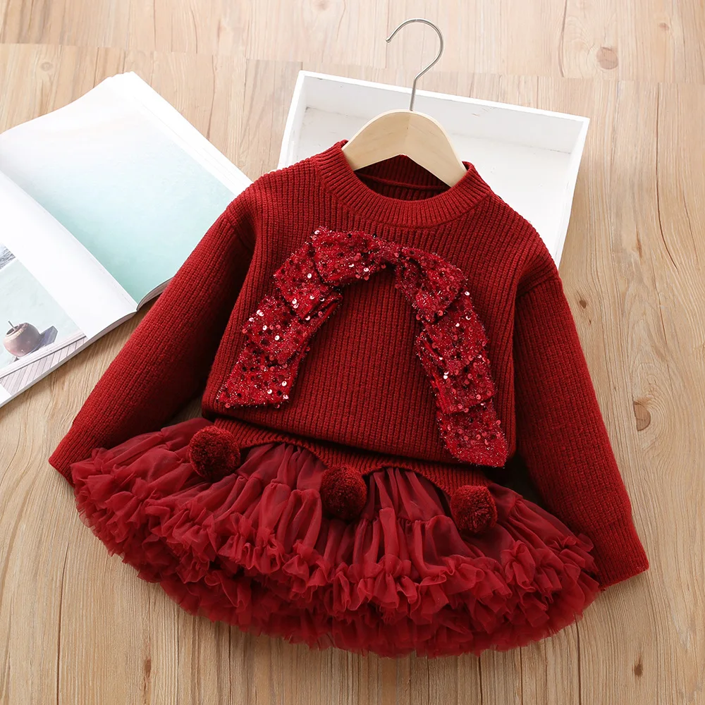 New toddler baby girl knitted set of red New Year clothing fashion foreign -witch knit sweater sweater+puffy skirt girl's Christ