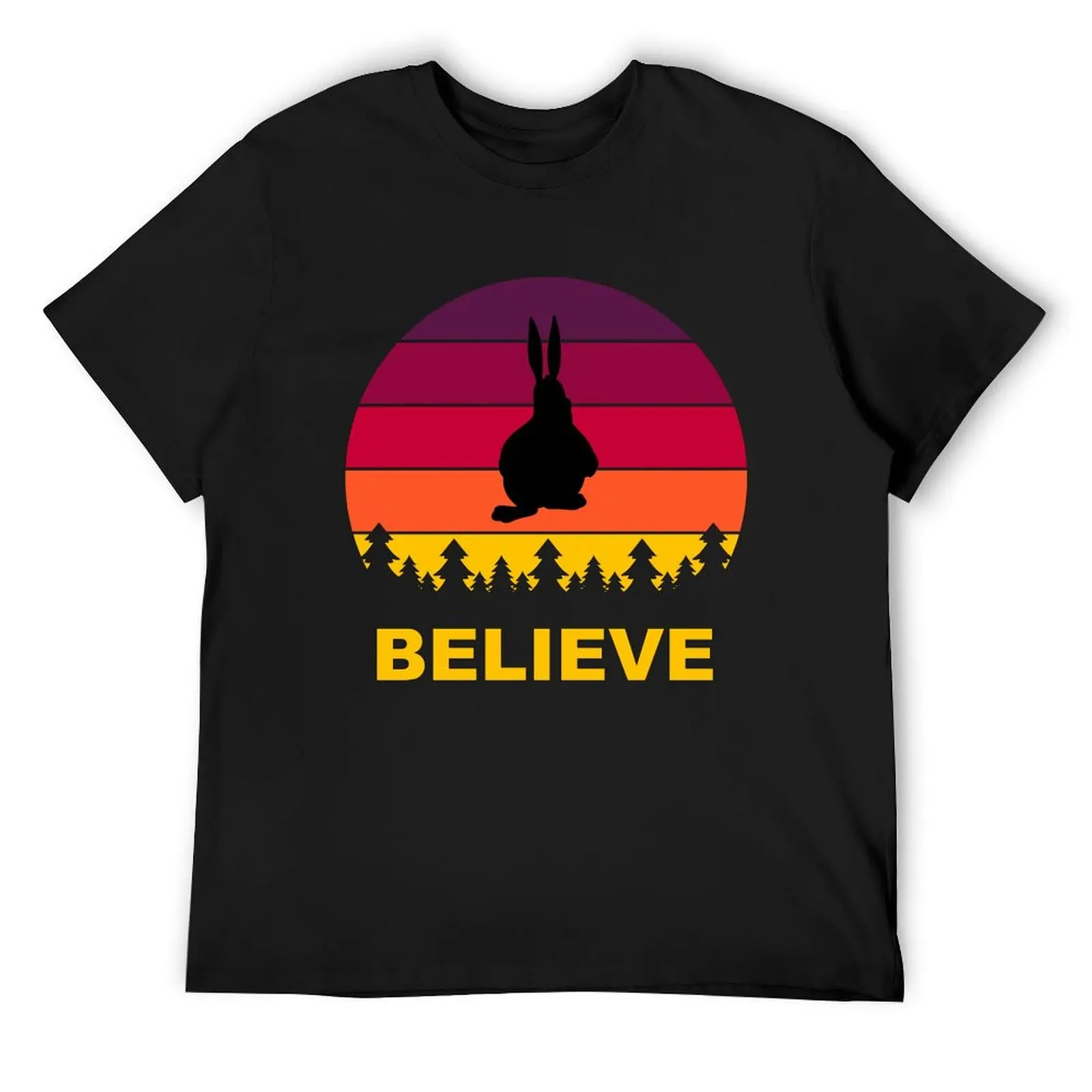 

Believe Big Chungus Shadow Meme Fat Bunny Ретро Винтаж 70-х годов Закат bigfoot пародия футболка персонализированная дизайнерская футболка мужская