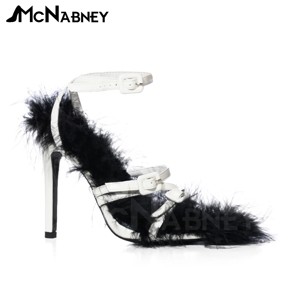 Luxury Faux Fur Sandals Buckle Leather Summer Shoes Fashion Designer Style Sandals for Women Custom Colors Large Size High Heels