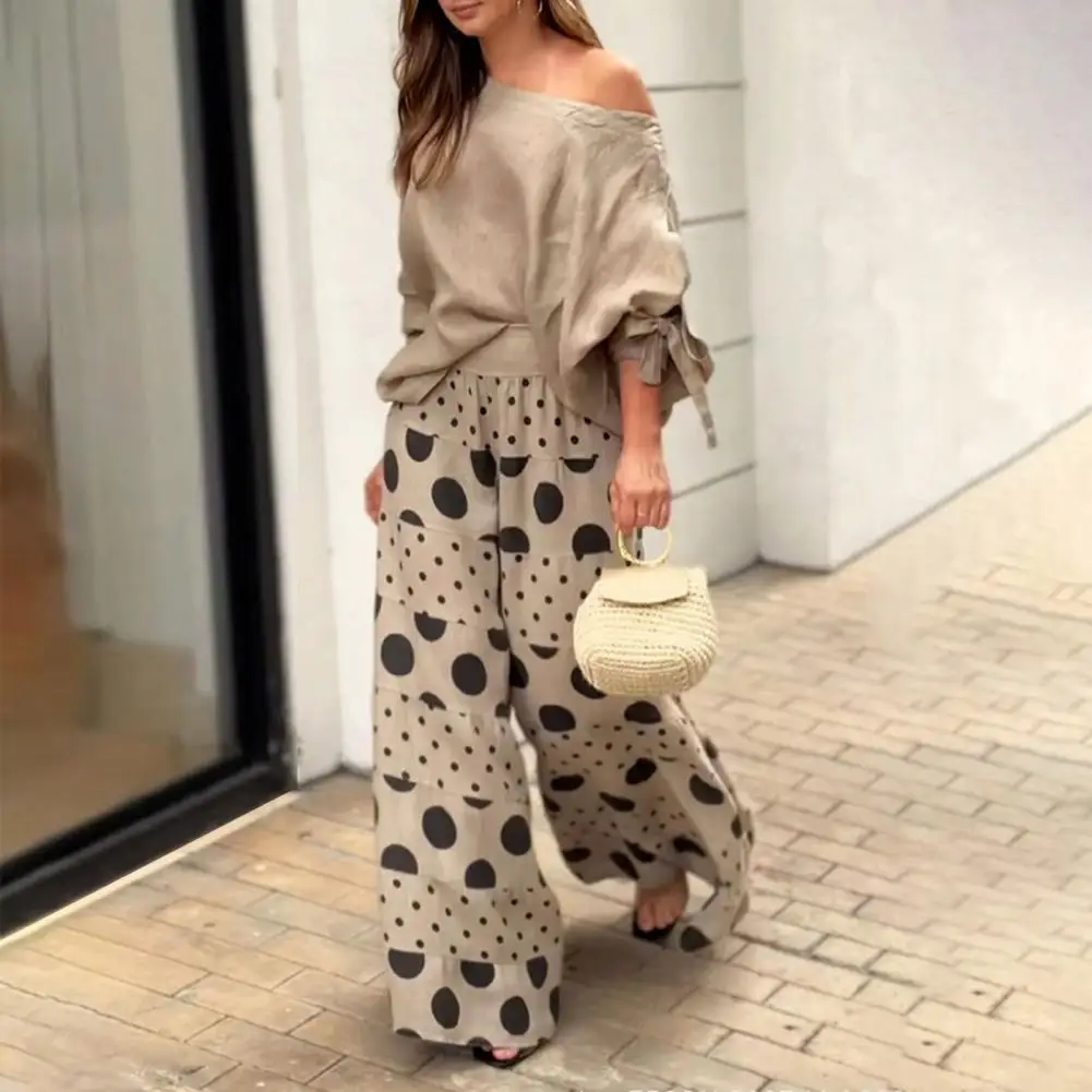 

Off-the-shoulder Top Pants Set Stylish Women's T-shirt Pants Set with One Shoulder Top Bow Cuff Detail Wide Leg for Casual