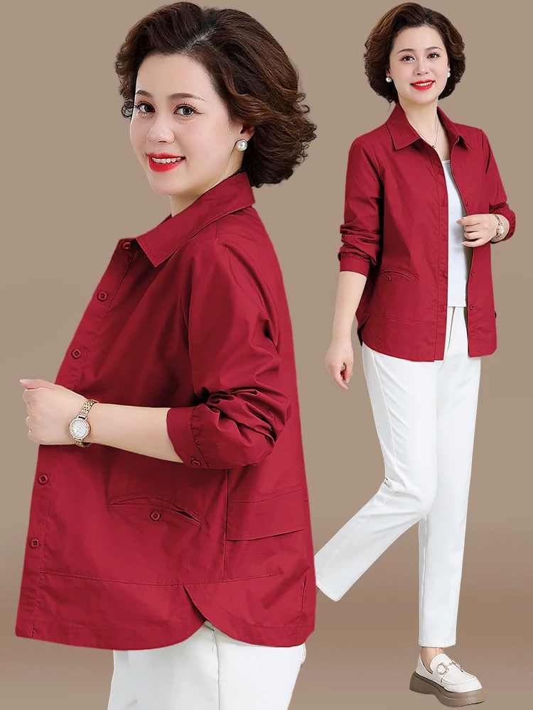 

Sli Thin Red Outerwear Spring Autumn Faionable Women's irt for Middle-Aged And ly Ladies Korean Sle Casual Jaet