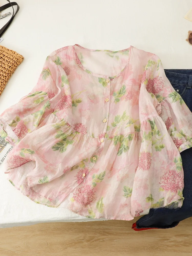 

Lightweight Cotton Linen irt Women's Summer Loose round Ne Seven Sve Floral Print Sun Protection Open Cardigan Top