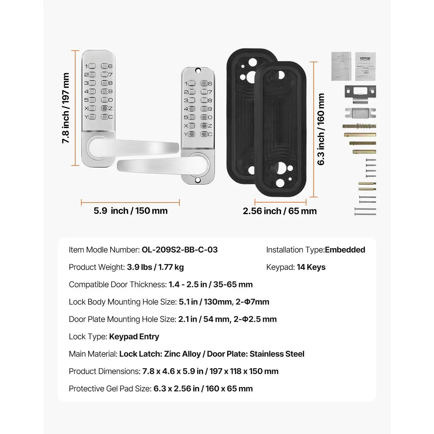Mechanical Keyless Entry Door Lock, 14 Key Mechanical Door Lock, Mechanical Keypad Door Lock with Handle, Double-Sided Stainless Steel Waterproof Keyless Gate Lock, for Home Office Yard, Sliver