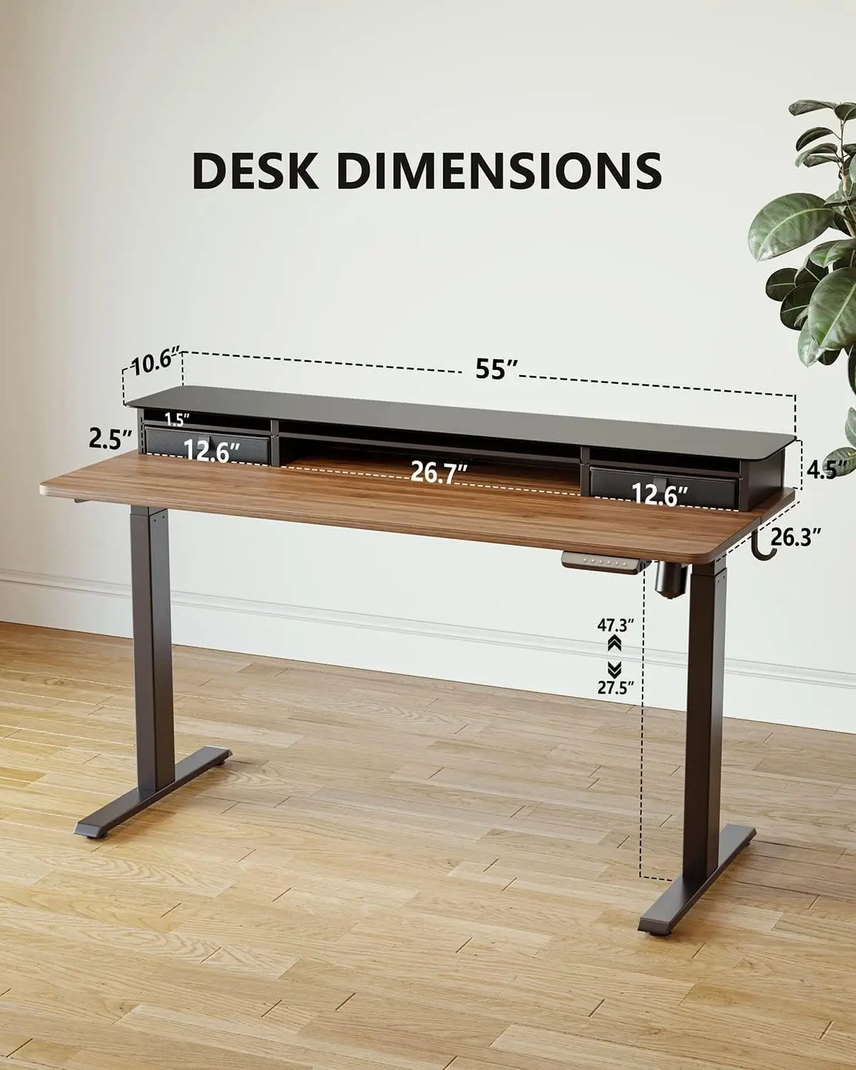 Electric Standing Desk with Glass Top Monitor Stand, Adjustable Sit Stand Up Table with Double Drawer, Sit Stand DeskwithStorage