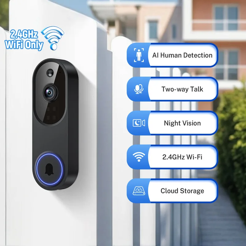2K Wireless Smart Doorbell, WiFi Camera, Night Vision Function, Artificial Intelligence Snapshot, Rechargeable Battery, Photo