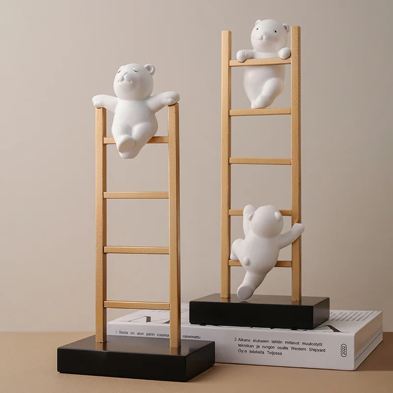 Resin Crafts Cartoon Bear Climbing Stairs Golden Ladder Polar Decorative Figurines Home Decoration Accessories