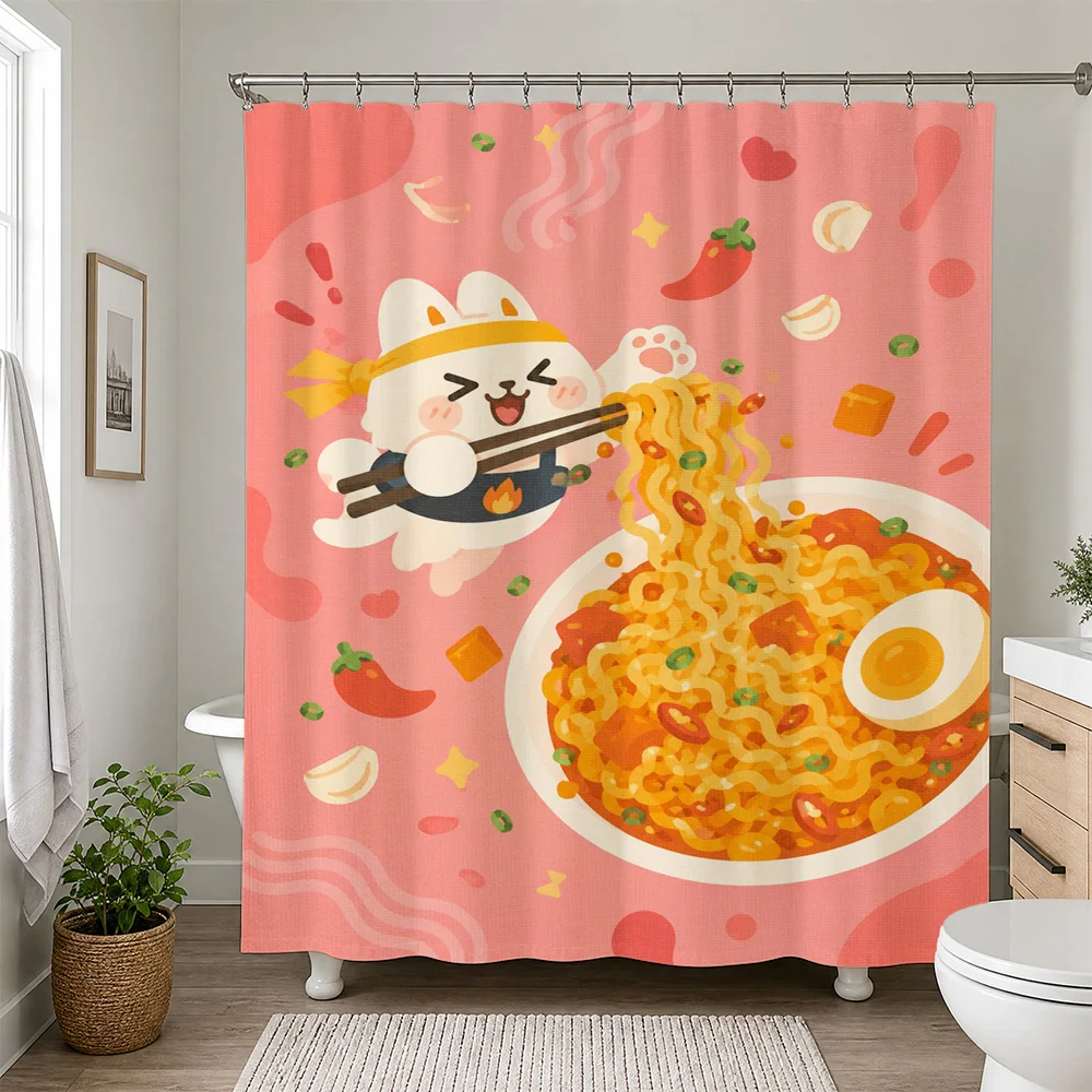 Cute Cartoon Panda Character Fun Ramen Noodle Shower Curtain Bathroom Decor Novelty Gift for Kids and Family