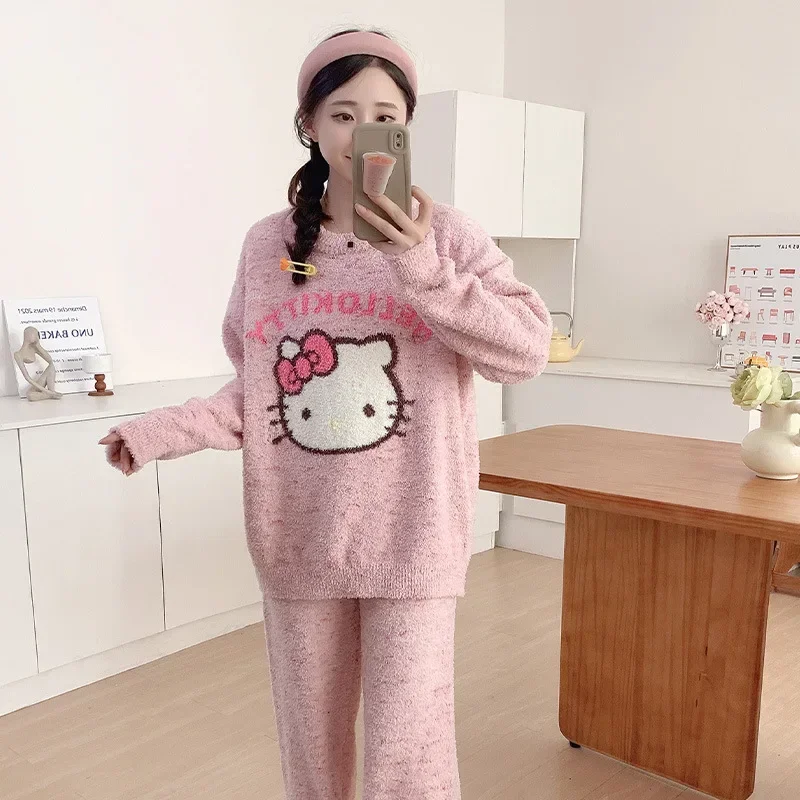 Pijamas de Hello Kitty, traje de invierno para mujer, ropa tejida de dos piezas para mujer, ropa de descanso Sanrio de dibujos animados, pijamas de mujer de Hello Kitty