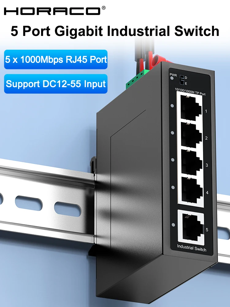 HORACO 5-poorts Gigabit industriële switch 1000 Mbps industriële netwerk Ethernet-switch DIN-railmontage Plug en Play - afbeelding 2