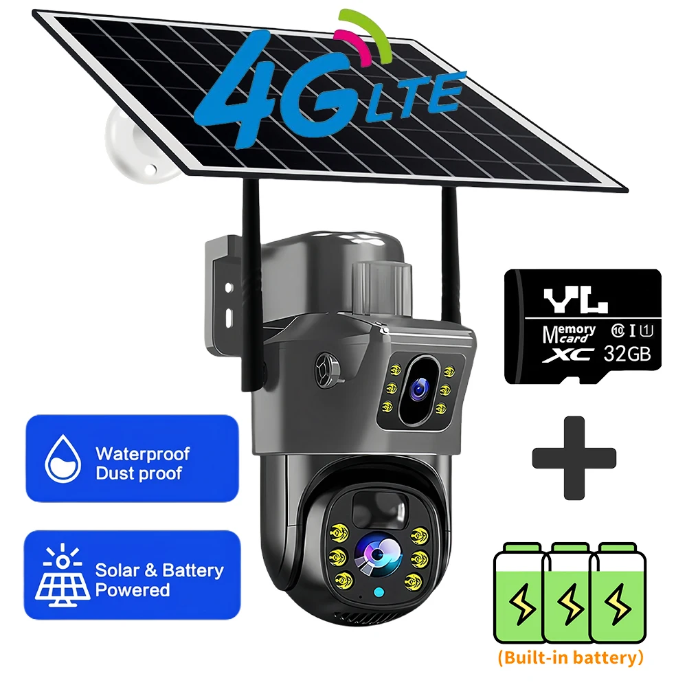 2025 cámara Solar inalámbrica 4K 8MP para exteriores 4G Sim lente Dual Wifi IP PIR HD cámara de visión nocturna V380Pro PTZ Monitor CCTV de seguridad