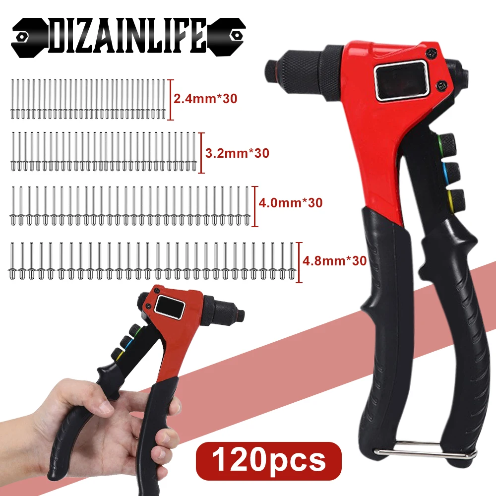 120pcs Hand Rivet Nails Gun Manual Blind Rivets Riveter Gun Riveting Rivet Tool For 2.4mm 3.2mm 4.0mm 4.8mm