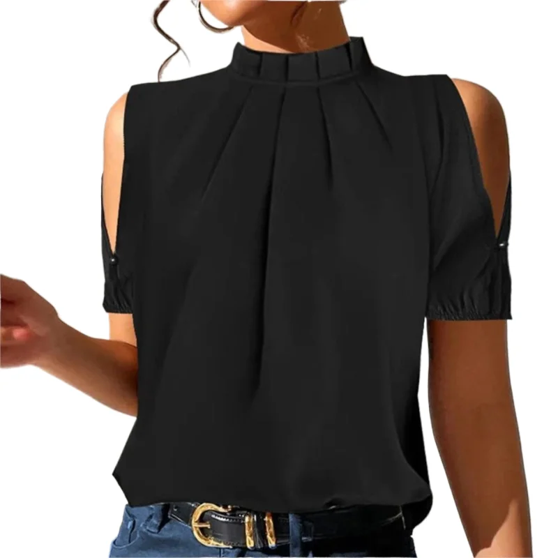 

2024 Summer Solid Color Short Sleeve Shirts & Blouses Blusas Elegantes Camisas Black Stand Collar Korean Blouse Tops For Woman