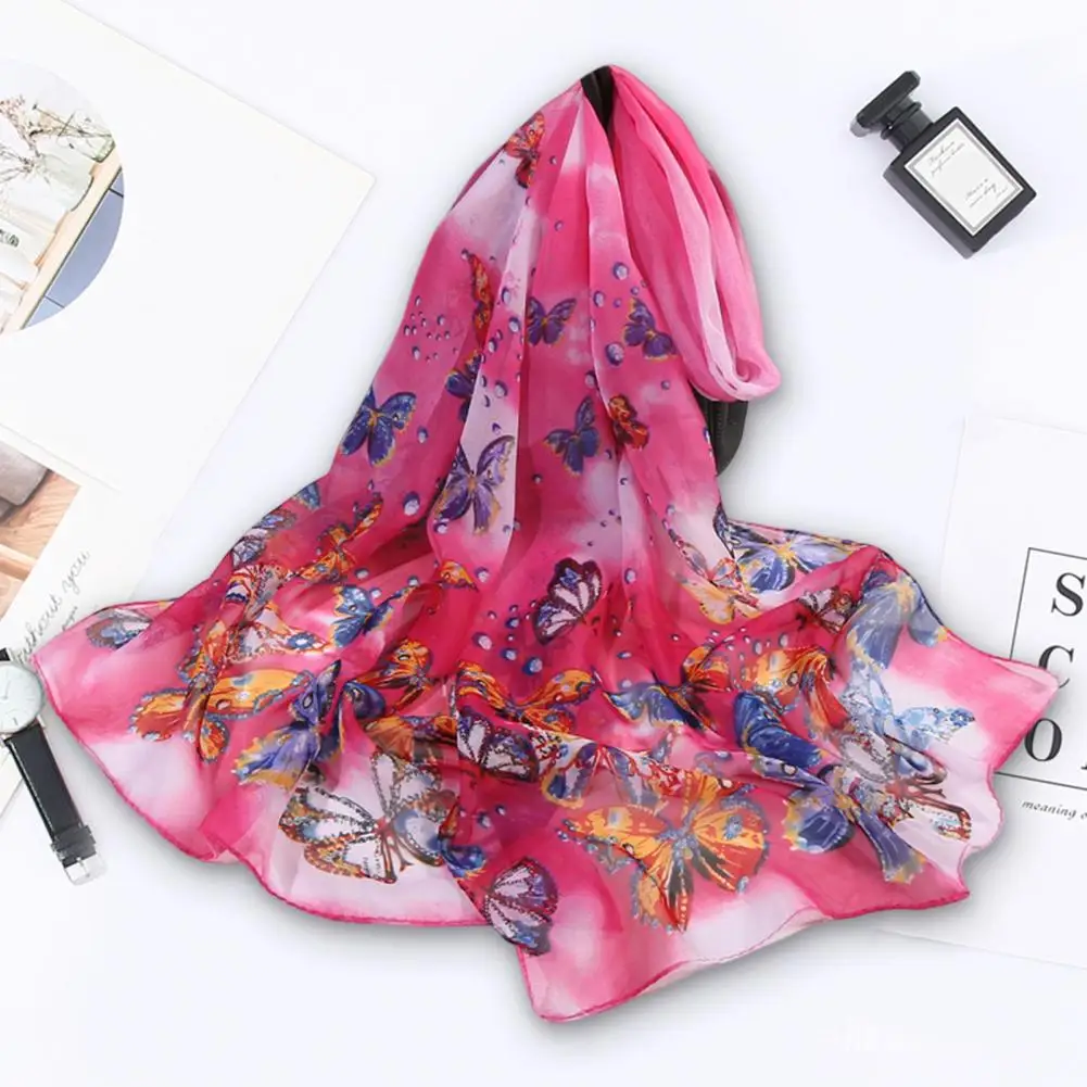 Stylish Faux Silk Scarf Colorful Chiffon Shawl Breathable Summer Butterfly Print Long Shawl Wrap  Dress Up