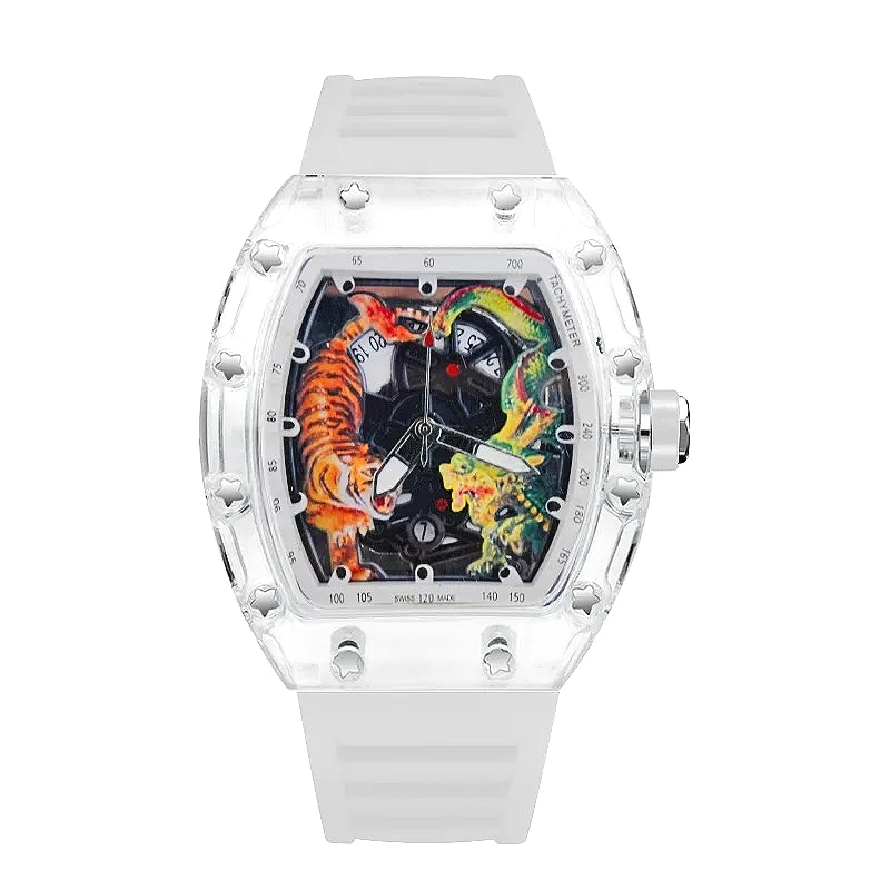 Tonneau Luminous Men Quartz Watches Dragon and Tiger Engraved Dial Waterproof Plastic Case Calendar Watch Men Steel Wristwatch