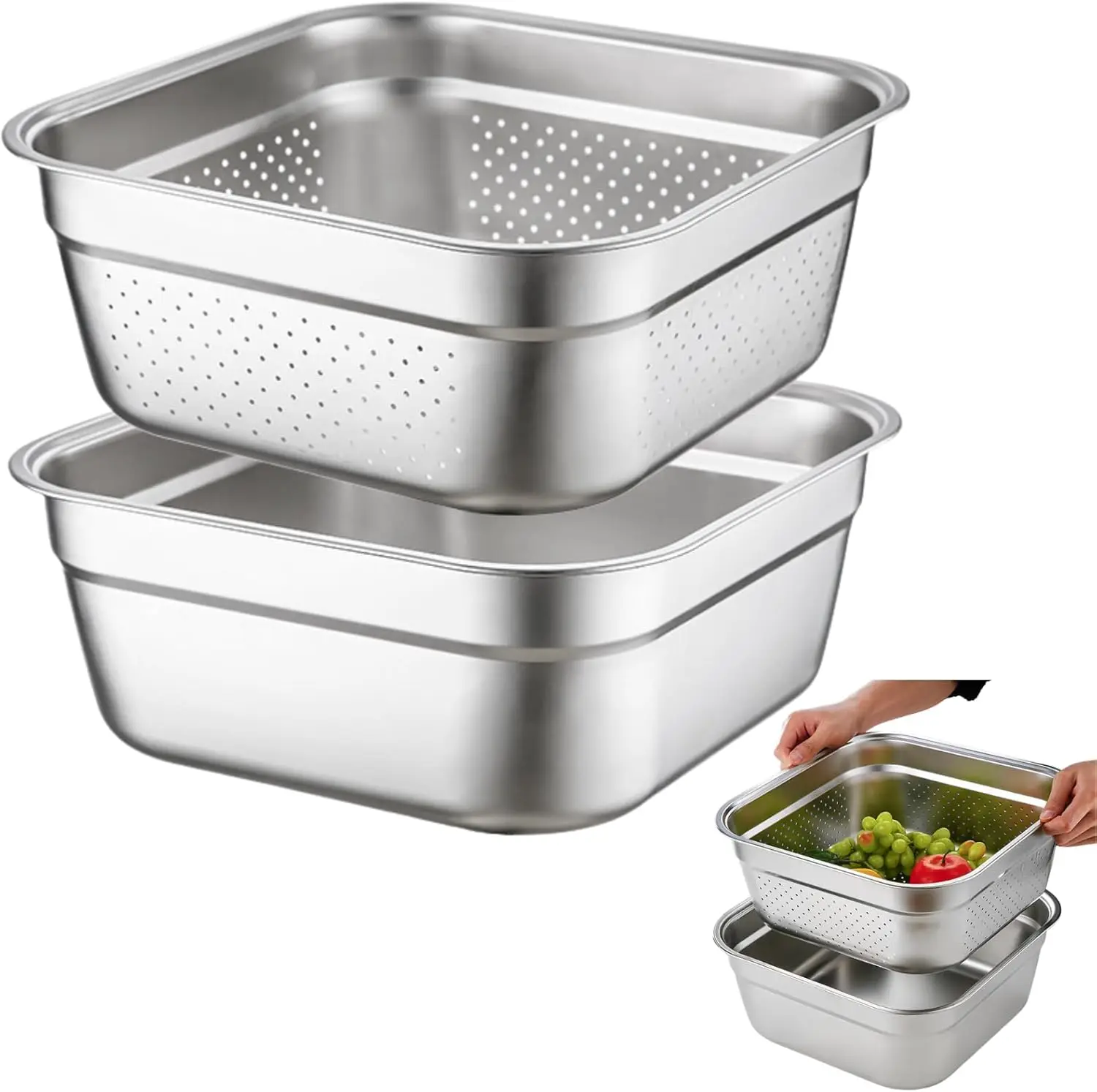 

2 in 1 Large Stainless Steel Sink Basin with Colander, 12.6" Stainless Steel Washing-up Bowl Multi-purpose Dish Tub fo