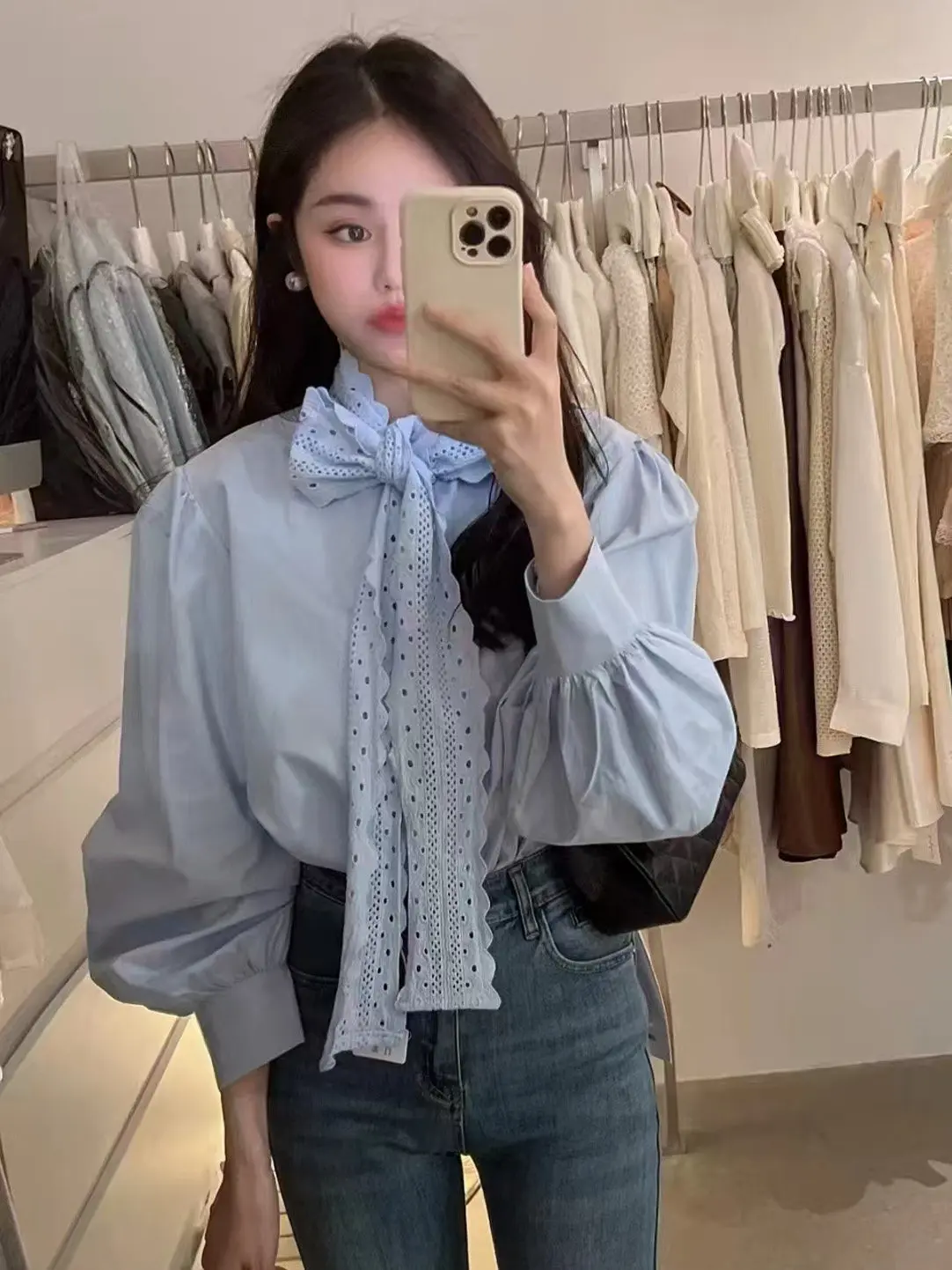 

High Quali Blue Long Sve irt Women's Faionable Versatile Korean Sle Spring 2026 Polyester Fiber Knot Design