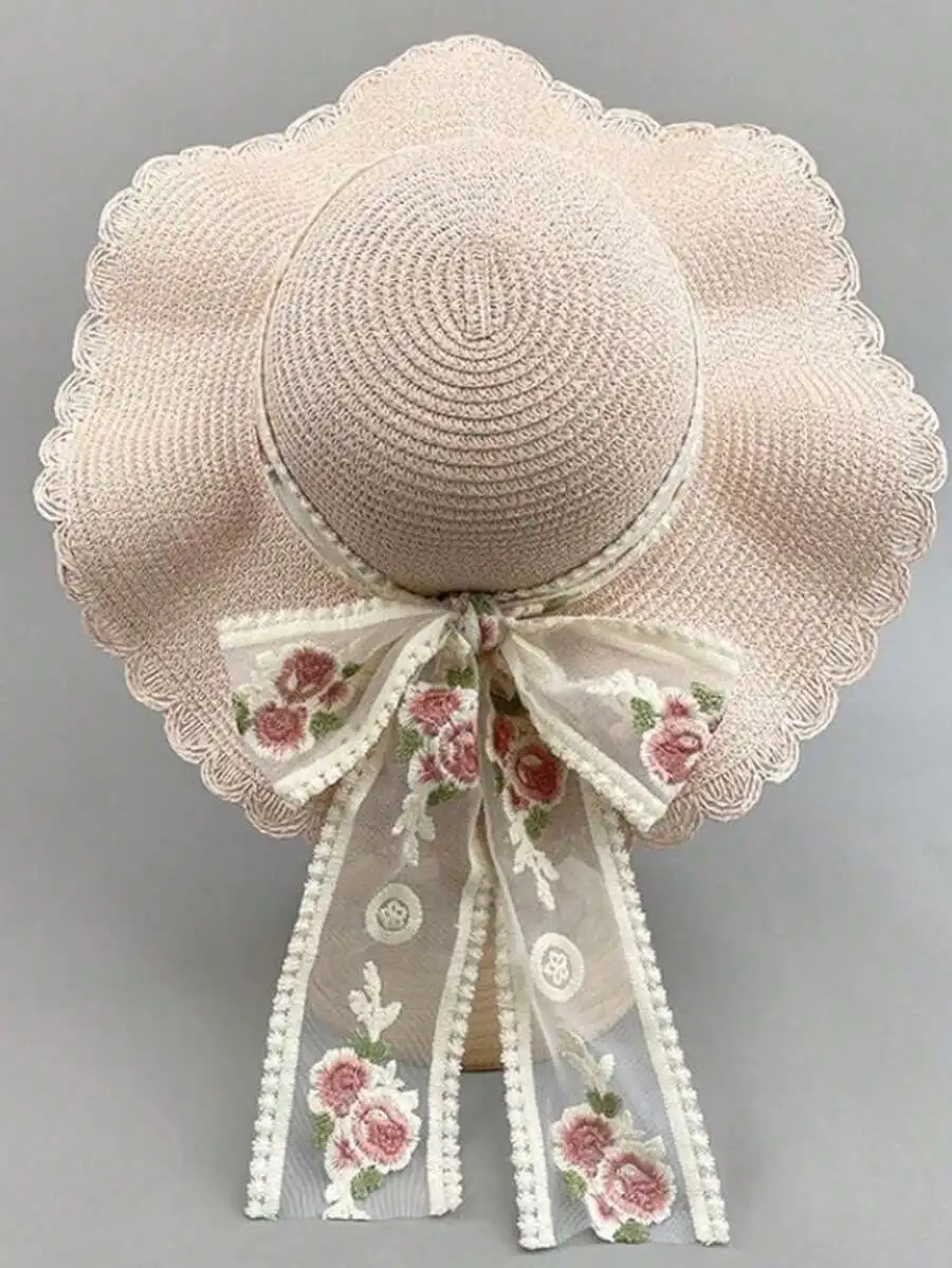

Bohemian Retro Wide Brim Straw Hat For Women With Floral Bow Ribbon UV Protection