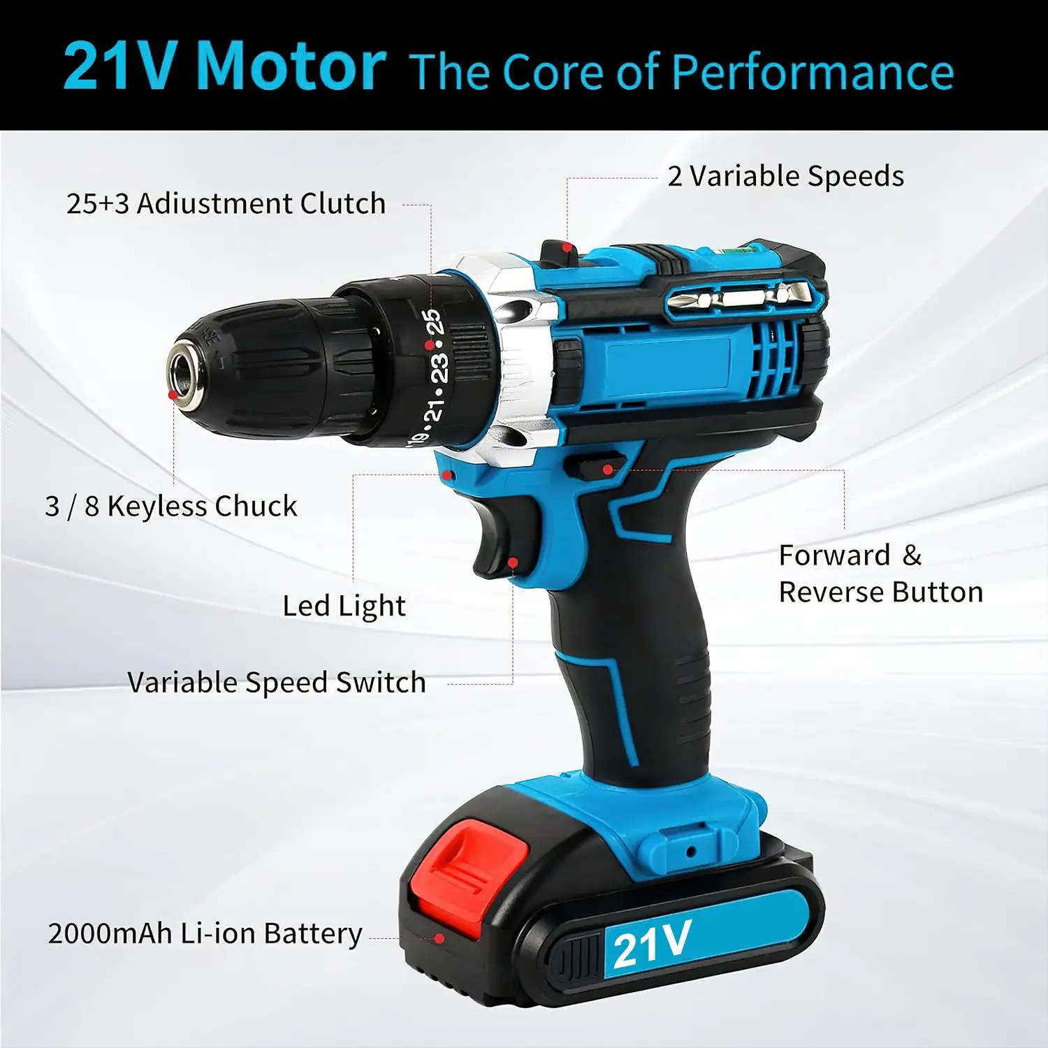 Set di trapano avvitatore a batteria 21V con 23 accessori, mandrino a presa rapida da 3/8", frizione 25+3, coppia di 45 Nm, 2 velocità, luce da lavoro a LED, kit di utensili elettrici per il fai-da-te