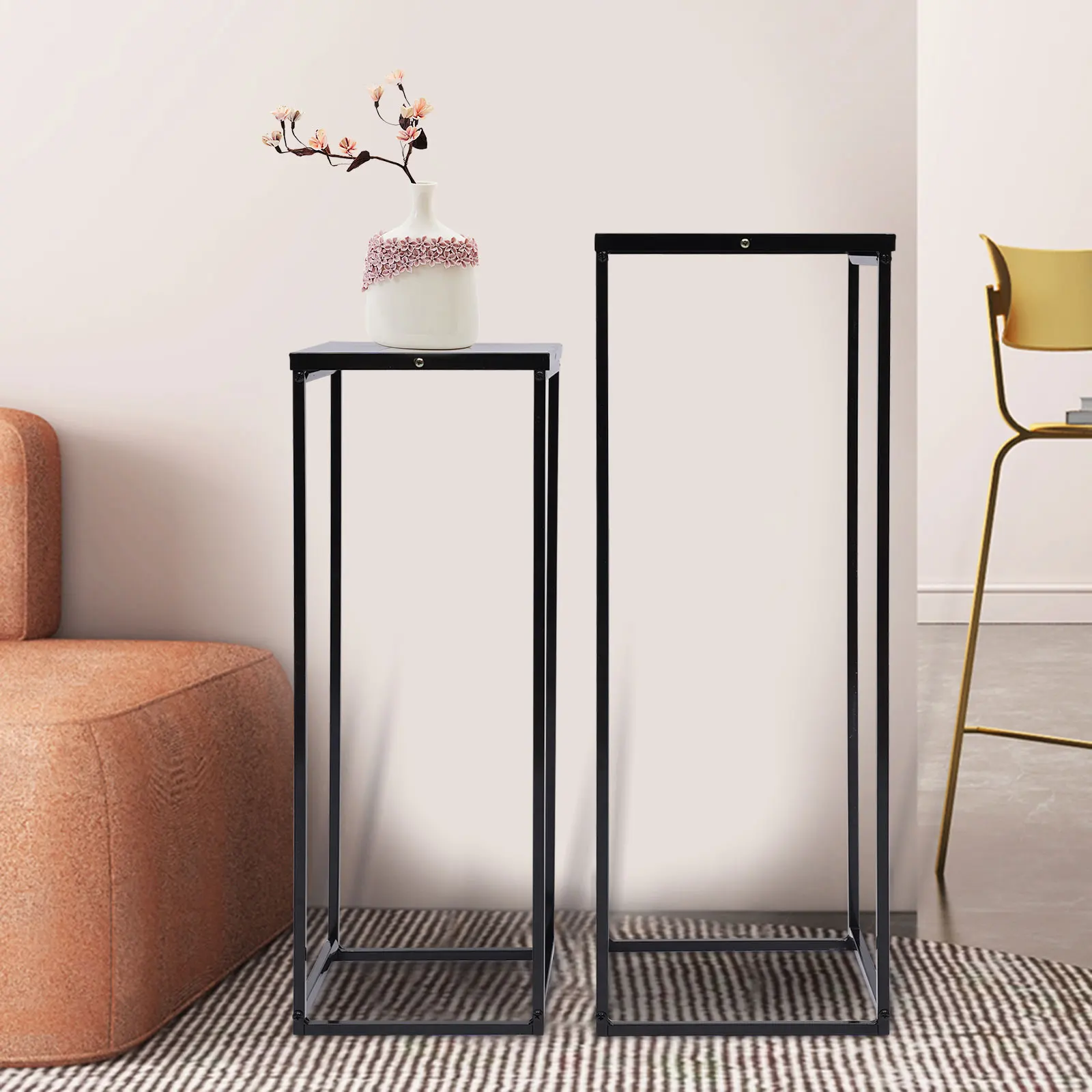 Black Set of 2 Metal Stand Plant Stand High Square Rack Flower Holder Wedding Living Room Patio Garden