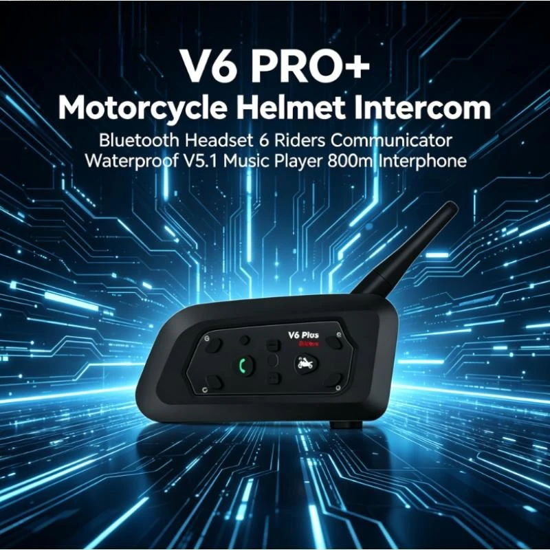 

Мотоциклетная гарнитура V6 PRO+ 800m с Bluetooth 5.1 для 6 райдеров, водонепроницаемая, беспроводная, для связи между мотоциклами