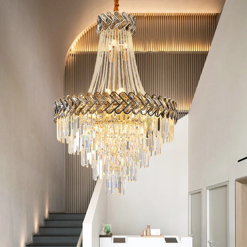 Modern Gold Crystal LED Chandelier Lighting for Loft Luxury Living Room Large Stair Hanging Fixture Home Decor Lamp