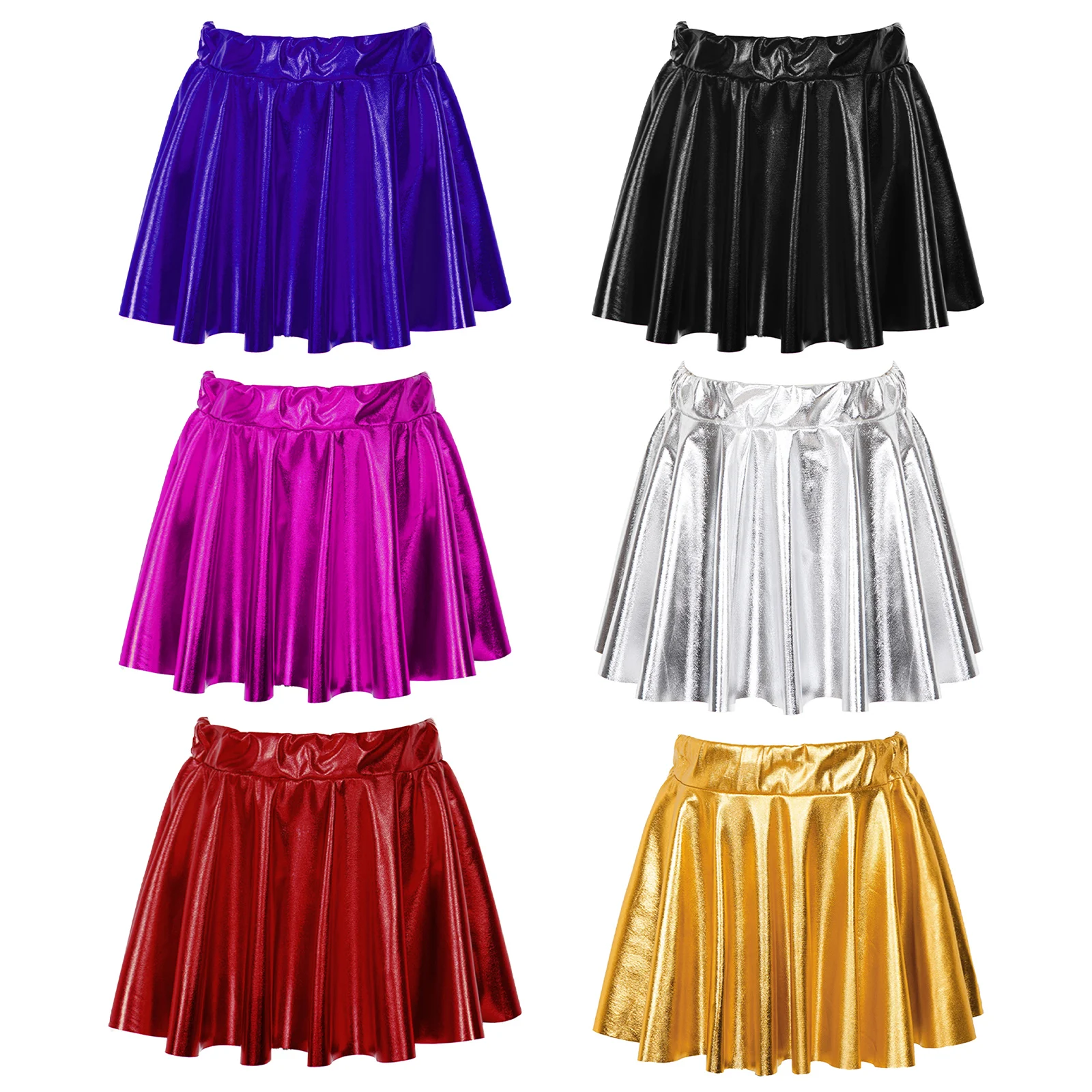 Kids Girls Shiny Metallic Pleated Skirt Skating Hip Hop Jazz Dance Performance Costume Elastic Waistband Athletic Scooter Skirts