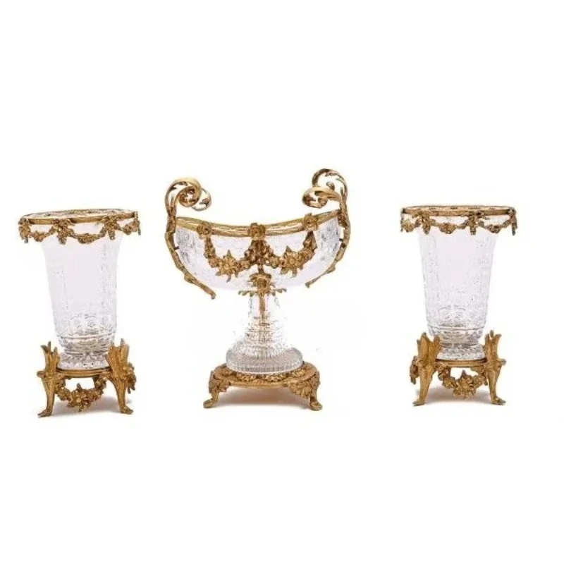 

Antique Crystal and Aged Brass Decorative Center Set with Gorgeous Gold Decorations and Two Matching Vases